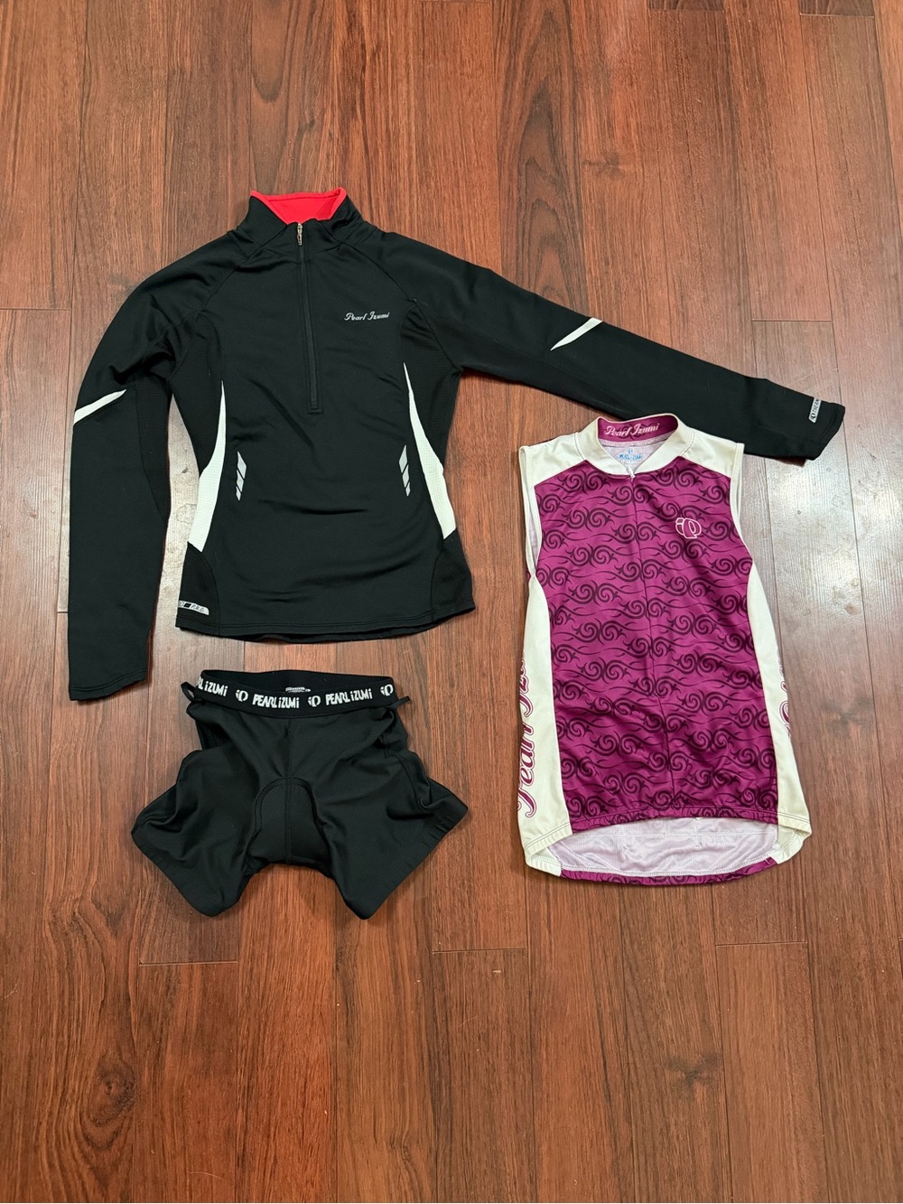 Pearl Izumi Cycling Bundle: Fleece Jacket, Purple Jersey, Padded Shorts